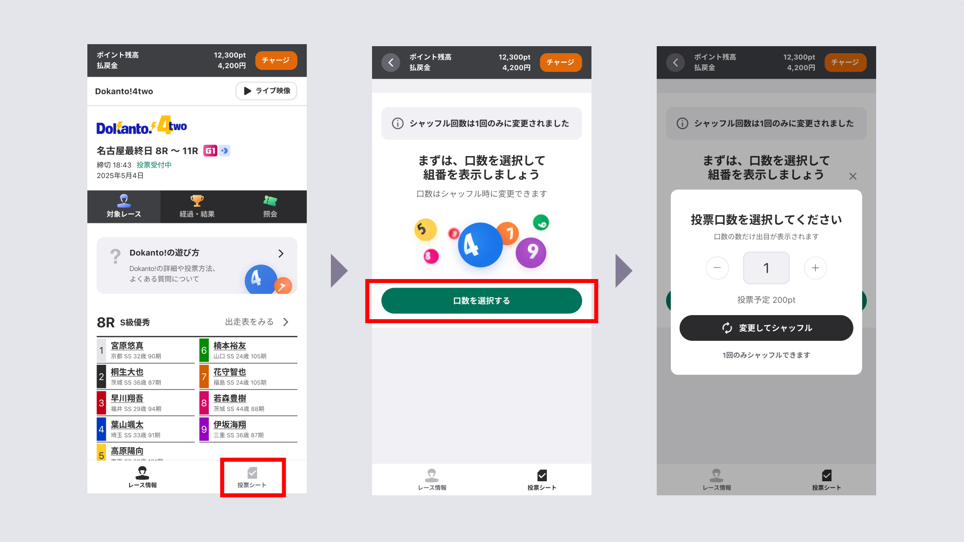下部メニューから投票シートに遷移し1回で投票する口数を決めます