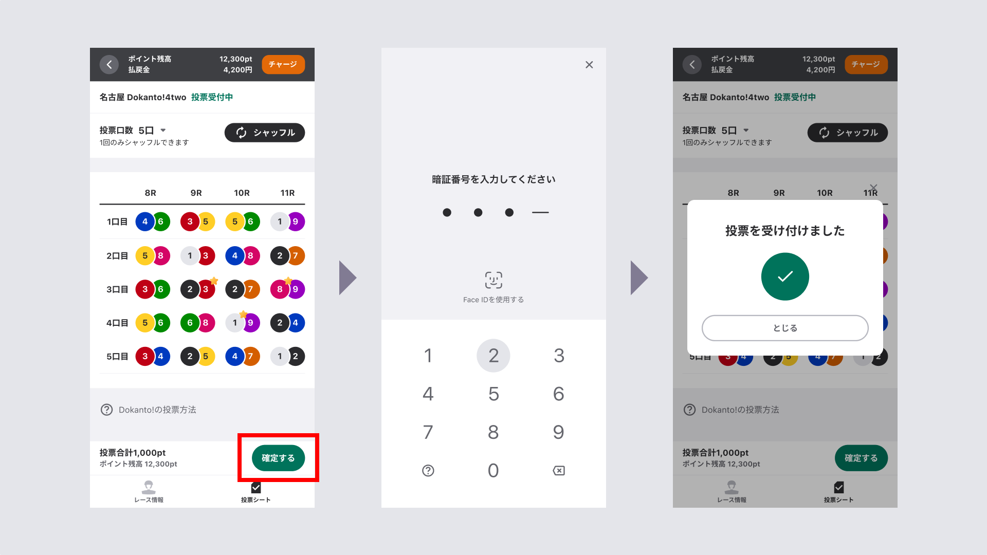 確定するボタンを押して暗証番号を入力すると投票完了する