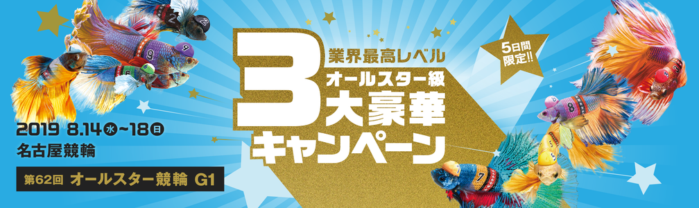 5日間限定 業界最高レベル オールスター級 3大豪華キャンペーン 第62回オールスター競輪G1 2019年8月14日(水)〜8月18日(日) 名古屋競輪